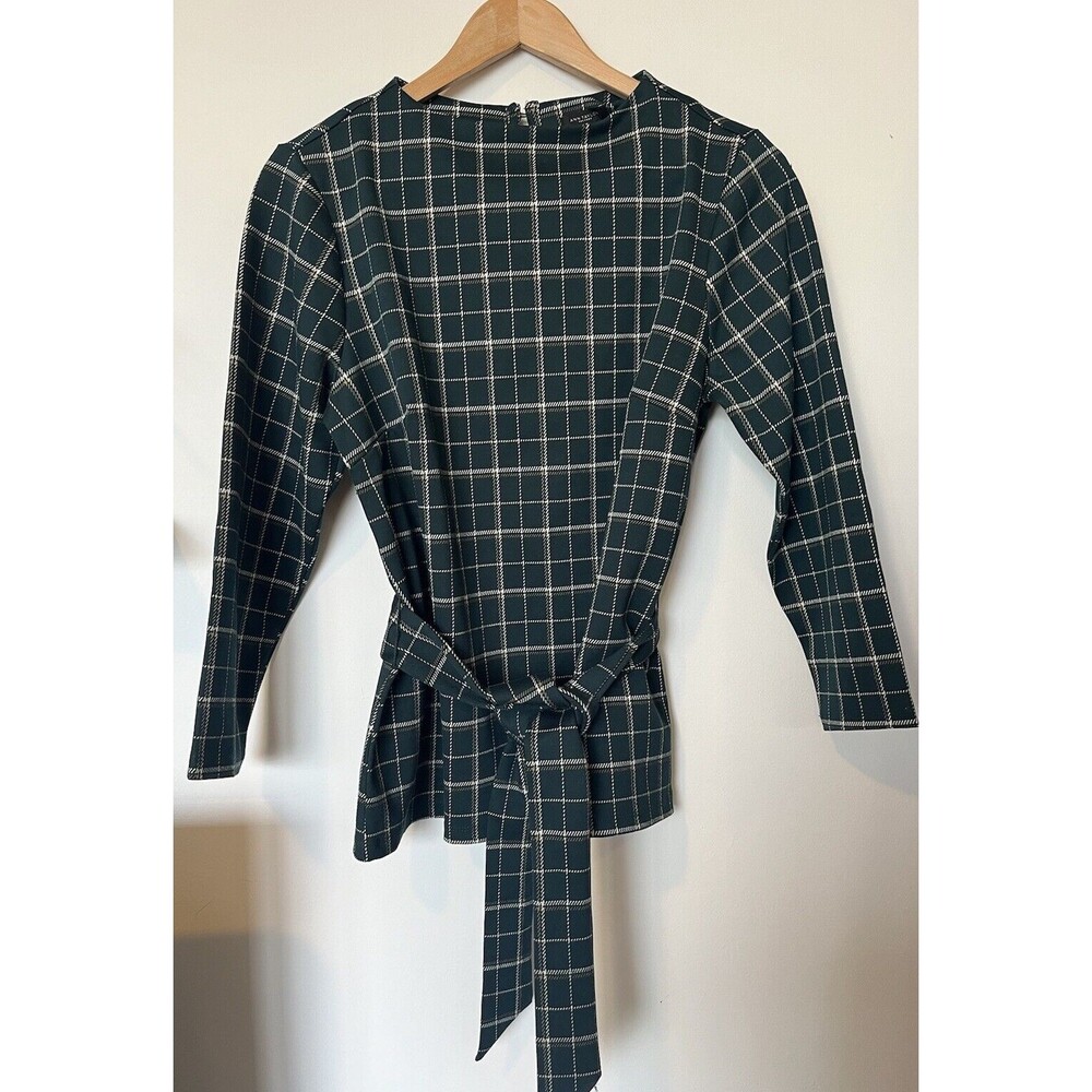 NWT Ann Taylor Factory Green Plaid Tie Front Blouse Size Small